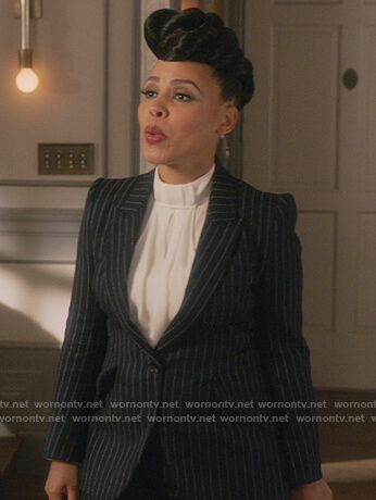 Tegan’s pinstripe blazer on How to Get Away with Murder