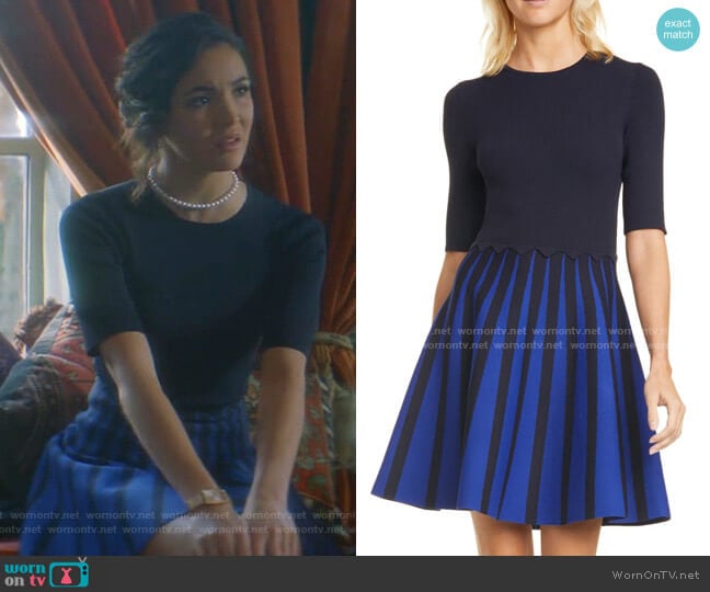 Ted Baker Salyee Short Sleeve Knit Skater Dress worn by Bess (Maddison Jaizani) on Nancy Drew