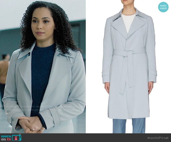 Theory Oaklane Trench worn by Macy Vaughn (Madeleine Mantock) on Charmed
