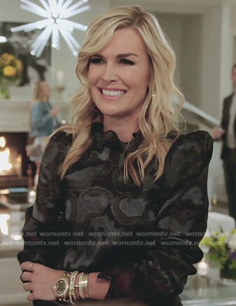 Tinsley’s black satin ruffle mini dress on The Real Housewives of New York City