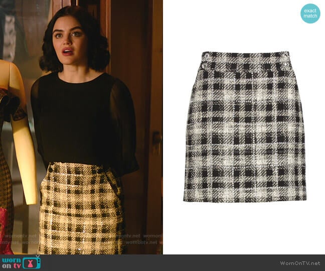 Veronica Beard Arezzo Rhinestone Tweed Miniskirt worn by Katy Keene (Lucy Hale) on Katy Keene