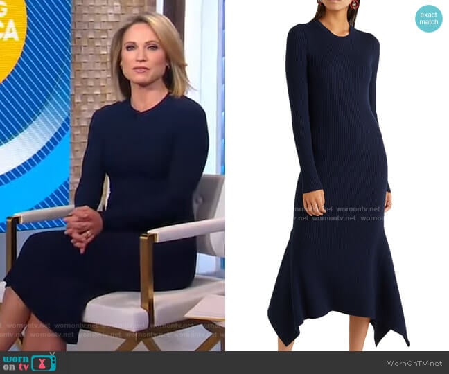 Victoria Beckham Asymmetric Ribbed Wool Midi Dress worn by Amy Robach on Good Morning America