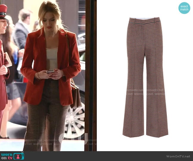 Victoria Beckham Checked High-Rise Flared Wool Pants worn by Kirby Anders (Maddison Brown) on Dynasty