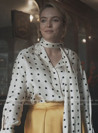 Villanelle’s white polka dot tie neck blouse on Killing Eve