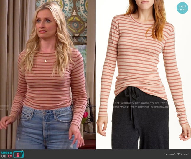 Vince Feeder Stripe Long Sleeve Top in Pink worn by Gemma (Beth Behrs) on The Neighborhood