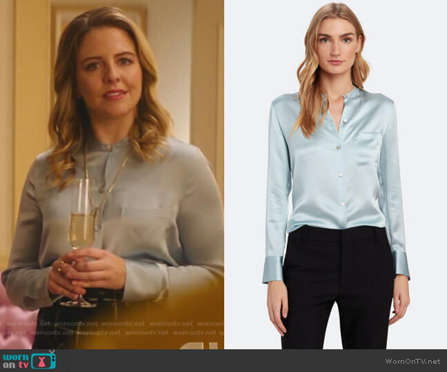Vince Slim Fit Band Collar Silk Blouse worn by Amanda (Helene Yorke) on Katy Keene