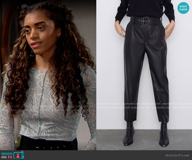 Zara Belted Faux Leather Pants worn by Zoe (Kiara Barnes) on The Bold and the Beautiful