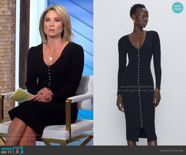 Zara Pearl Button Dress worn by Amy Robach on Good Morning America