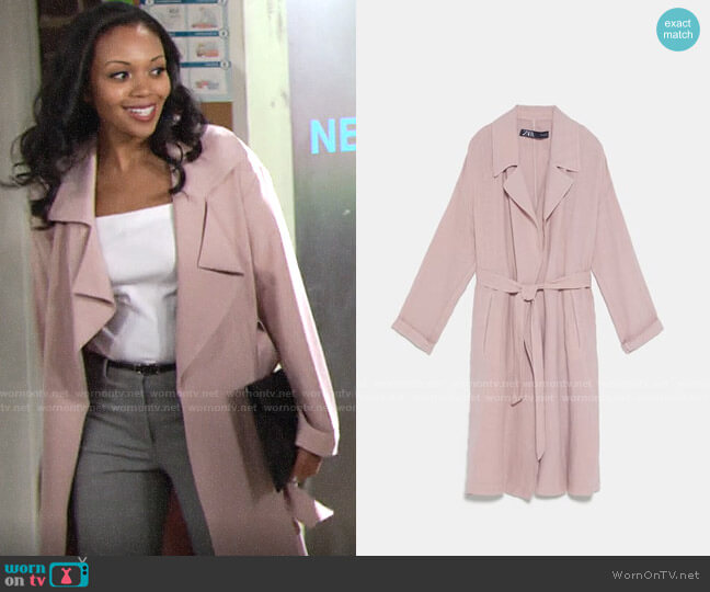 Zara Belted Linen Trench Coat worn by Amanda Sinclair (Mishael Morgan) on The Young and the Restless