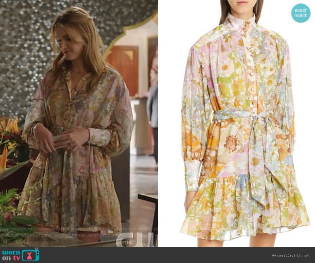 Zimmermann Super Eight Floral Print Long Sleeve Lantern Minidress worn by Kirby Anders (Maddison Brown) on Dynasty