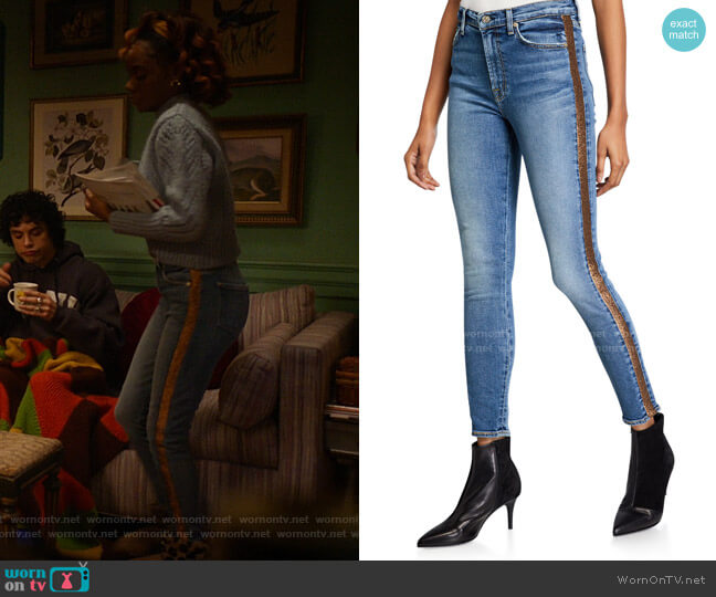 7 for all mankind High-Waist Ankle Skinny Jeans with Metallic Stripes worn by Josie McCoy (Ashleigh Murray) on Katy Keene
