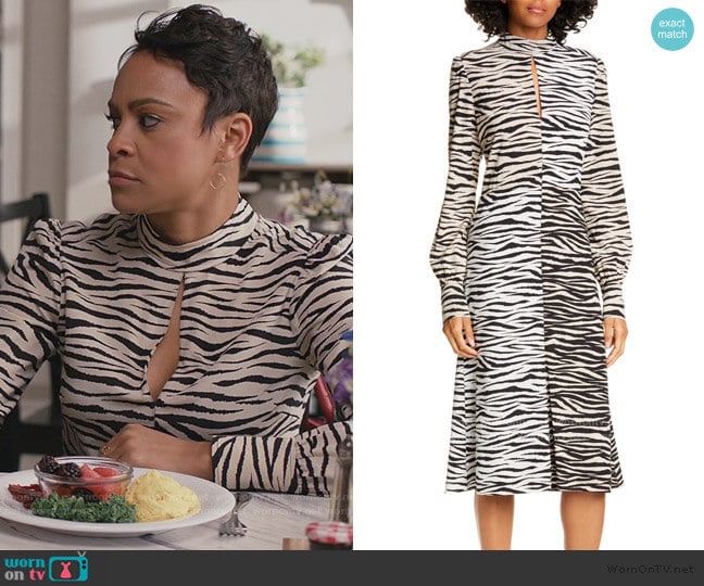 A.L.C. Kennedy Long Sleeve Tiger Print Dress worn by Angela (Carly Hughes
) on American Housewife
