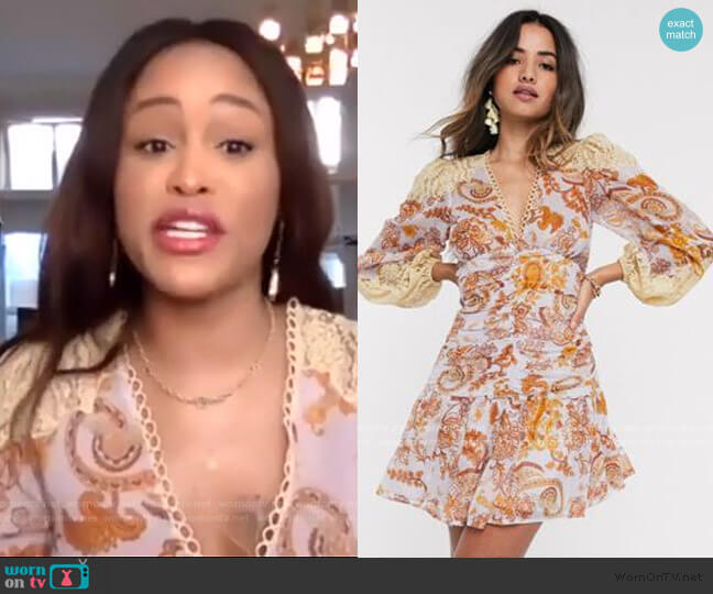 ASOS Lace Insert Shirred Waist Skater Mini Dress in Paisley Print worn by Eve on The Talk