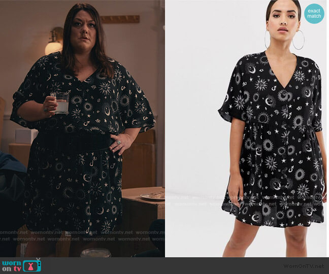 ASOS v neck button through mini smock dress in zodiac print worn by Dana Sue Sullivan (Brooke Elliott) on Sweet Magnolias