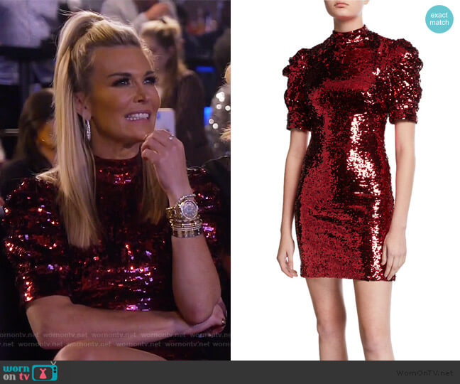 Alice + Olivia Brenna Sequin Mock-Neck Puff-Sleeve Fitted Dress worn by Tinsley Mortimer on The Real Housewives of New York City