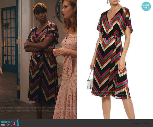 Alice + Olivia Lexa wrap-effect striped burnout satin dress worn by Helen Decatur (Heather Headley) on Sweet Magnolias