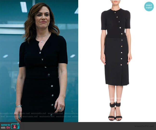 Altuzarra Short-Sleeve Button-Front Cady-Knit Top Fitted Midi Dress worn by Wendy Rhoades (Maggie Siff) on Billions