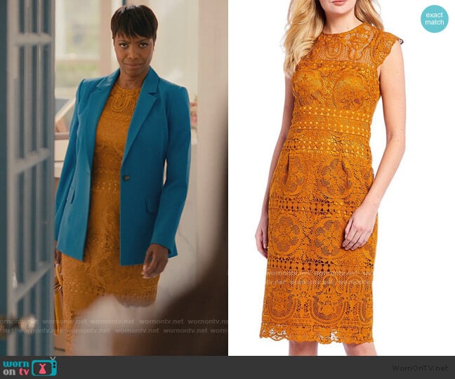 Antonio Melani Gena High Neck Cap Sleeve Lace Sheath Dress worn by Helen Decatur (Heather Headley) on Sweet Magnolias