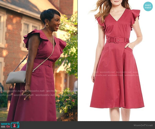 Antonio Melani Tess V-Neck Flutter Sleeve Belted A-Line Midi Dress worn by Helen Decatur (Heather Headley) on Sweet Magnolias