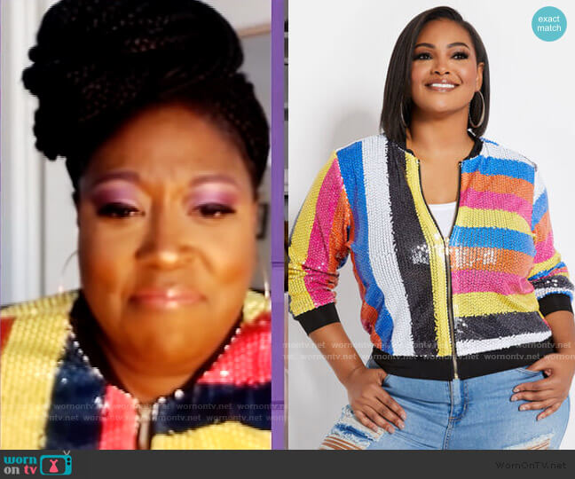 Ashley Stewart Sequined Bomber Jacket worn by Loni Love on The Real