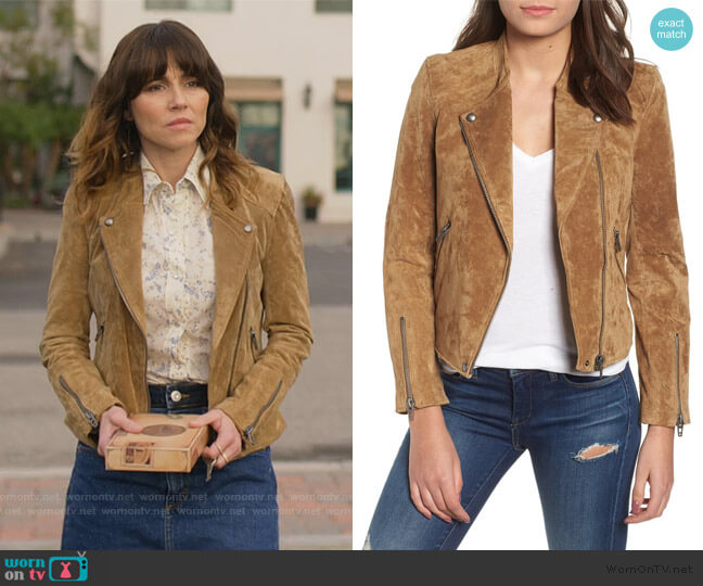 BlankNYC Suede Moto Jacket worn by Judy Hale (Linda Cardellini) on Dead to Me
