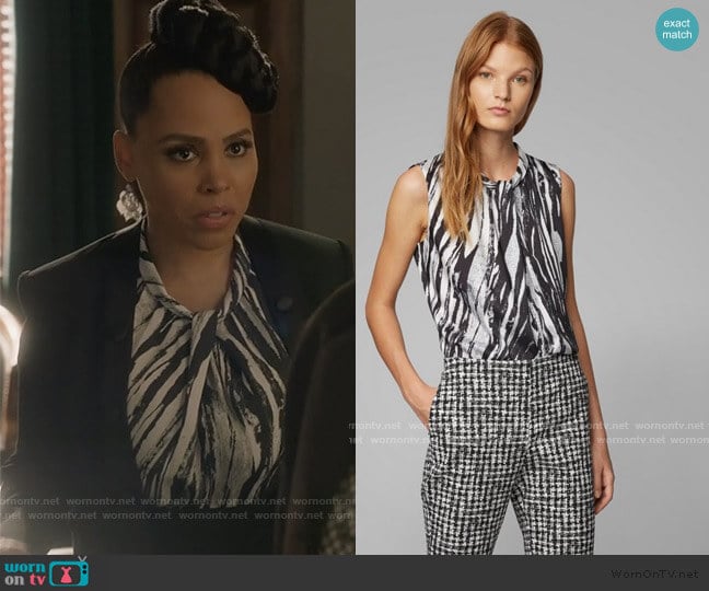 BOSS Sleeveless top in zebra-print Italian twill worn by Tegan Price (Amirah Vann) on How to Get Away with Murder