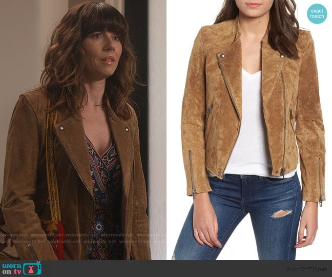 BlankNYC Suede Moto Jacket worn by Judy Hale (Linda Cardellini) on Dead to Me