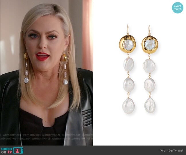 Devon Leigh Triple Pearl Drop Earrings worn by Alexis Carrington (Elaine Hendrix) on Dynasty