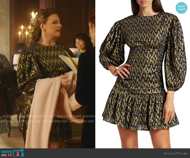 Rhode Donna Metallic Print Puff-Sleeve Mini Dress worn by Amanda (Helene Yorke) on Katy Keene