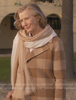 Eileen Wood’s beige checked Coat on Dead to Me