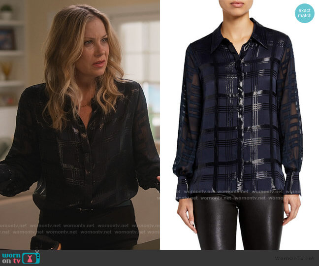 Elie Tahari Shauna Lurex Plaid Blouse worn by Jen Harding (Christina Applegate) on Dead to Me