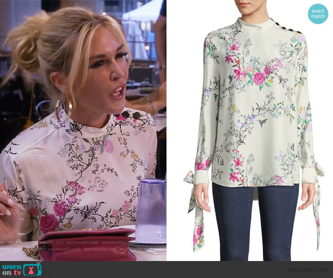 Equipment Avelaine Long-Sleeve Tie-Cuffs Floral-Print Blouse worn by Tinsley Mortimer on The Real Housewives of New York City