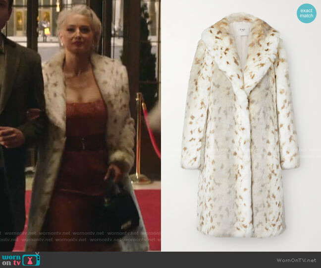 Faz Not Fur Snow Lynx Animal-Print Faux Fur Coat worn by  Gloria Grandbilt (Katherine LaNasa) on Katy Keene