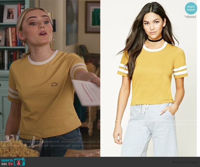 Forever 21 Yellow Slub Knit Varsity Stripe Tee worn by Taylor Otto (Meg Donnelly) on American Housewife