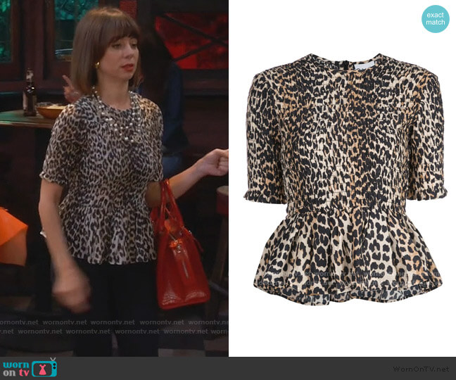 Ganni Leopard Print Blouse worn by Elizabeth (Natasha Leggero) on Broke