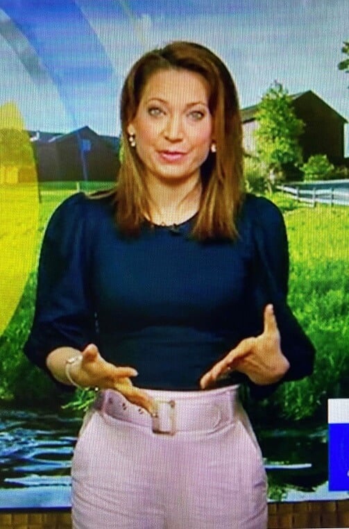 Ginger’s navy puff sleeve top and pink belted pants on Good Morning America