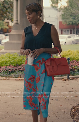 Helen’s blue floral wrap skirt on Sweet Magnolias