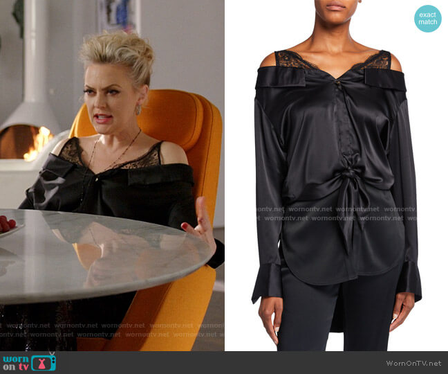 Hellessy Fontana Silk Lace-Shoulder Blouse worn by Alexis Carrington (Elaine Hendrix) on Dynasty