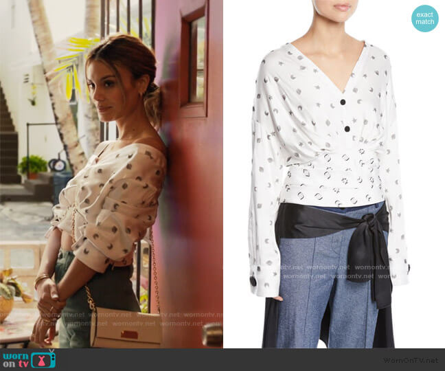 Hellessy Sphinx V-Neck Cosmic-Print Fil Coupe Blouse worn by Noa Hamilton (Nathalie Kelley) on The Baker and the Beauty