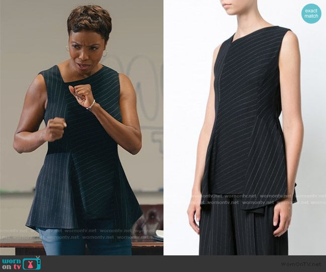 Jason Wu Black Pinstripe Asymmetric Top worn by Helen Decatur (Heather Headley) on Sweet Magnolias