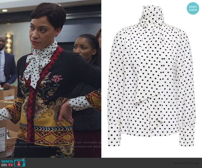 Jason Wu Tie-neck Polka-dot silk Blouse worn by Lucca Quinn (Cush Jumbo) on The Good Fight