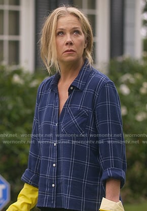 Jen’s blue plaid shirt on Dead to Me