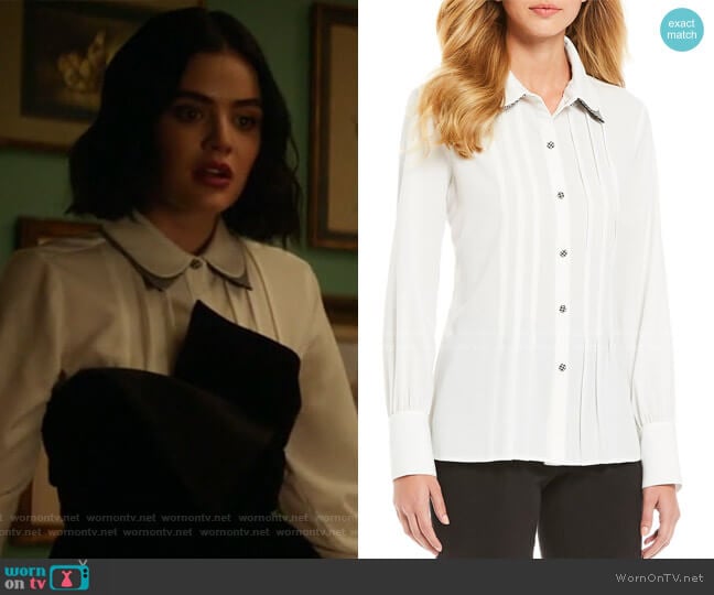 Karl Lagerfeld Paris Georgette Double Collar Houndstooth Print Blouse worn by Katy Keene (Lucy Hale) on Katy Keene