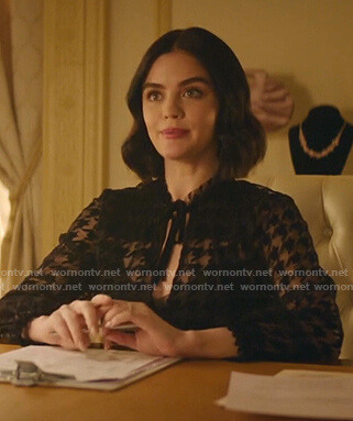 Katy’s black houndstooth blouse and tweed mini skirt on Katy Keene
