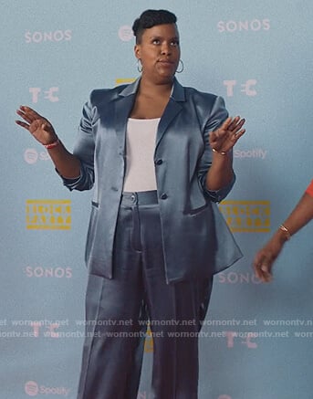 Kelli’s blue satin blazer and pants on Insecure
