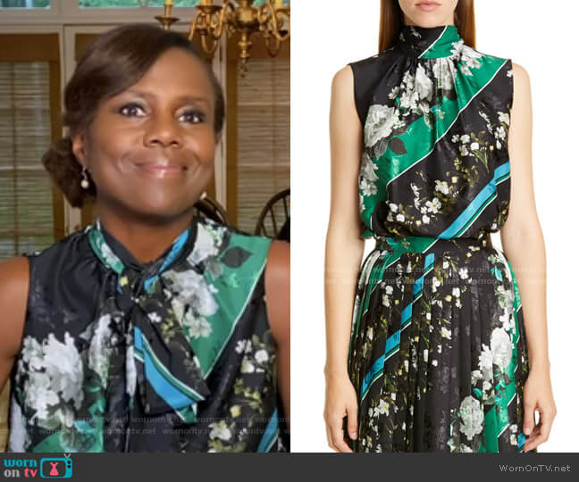 Erdem Koten Floral Stripe Tie Neck Top worn by Deborah Roberts on Good Morning America