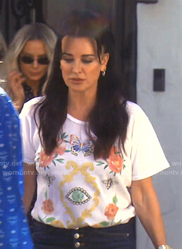 Kyle’s white floral eye print tee on The Real Housewives of Beverly Hills
