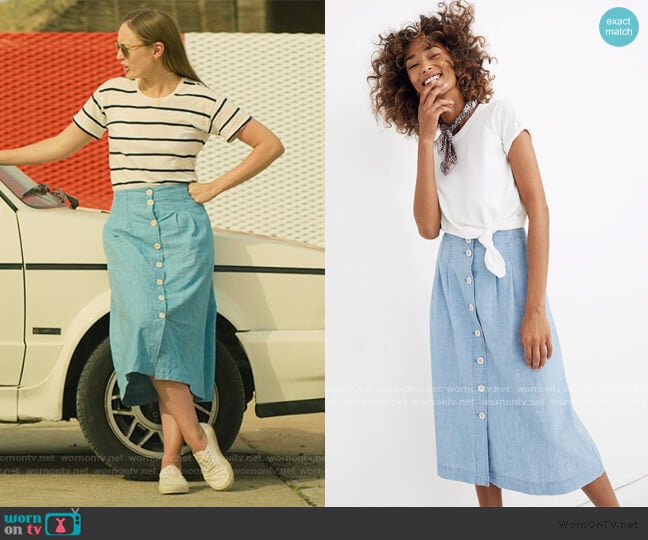 Madewell Chambray Patio Button-Front Midi Skirt worn by Zoe Walker (Laura Haddock) on White Lines