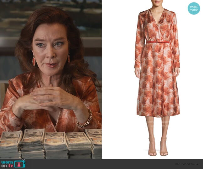 Max Mara Cenere Abstract Floral Silk Belted Wrap Dress worn by Lorna Harding (Valerie Mahaffey) on Dead to Me