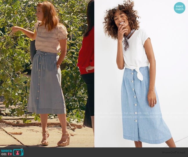 Madewell Chambray Patio Button-Front Midi Skirt worn by Maddie Townsend (JoAnna Garcia Swisher) on Sweet Magnolias